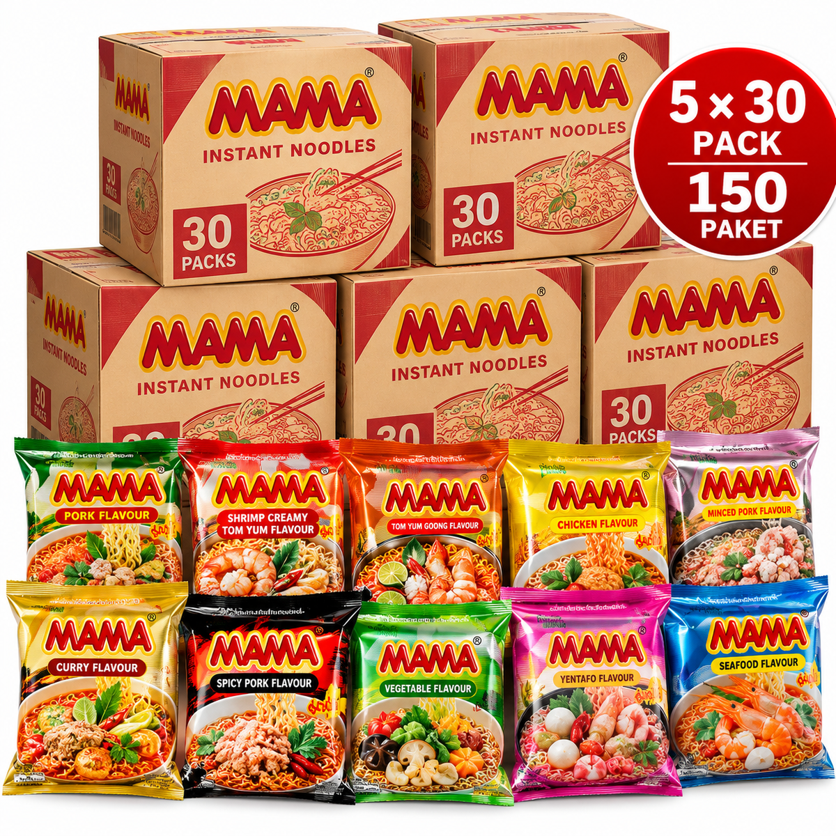 MAMA Snabbnudlar Blandade Smaker – Gross Pack 5 × 30-pack