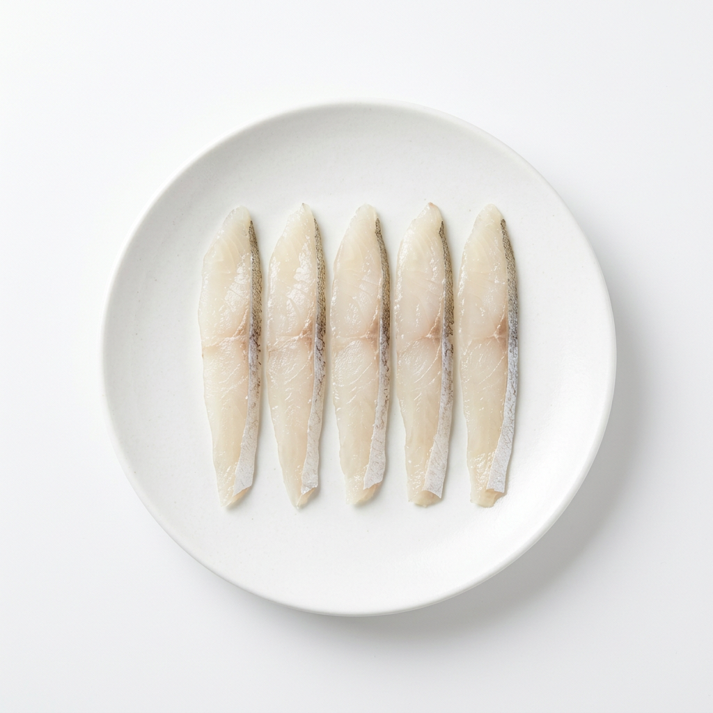 Illustrativ produktbild av skivad Kisu-fisk för sushitopping på vit tallrik mot vit bakgrund