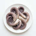 Bläckfiskarmar Tentacles på vit tallrik, illustrativ produktbild.
