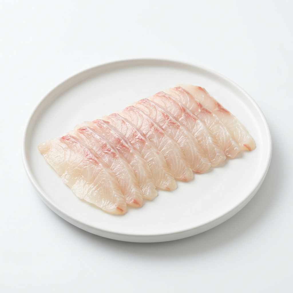 Illustrativ produktbild av skivad tilapia för sushitopping på vit tallrik mot vit bakgrund