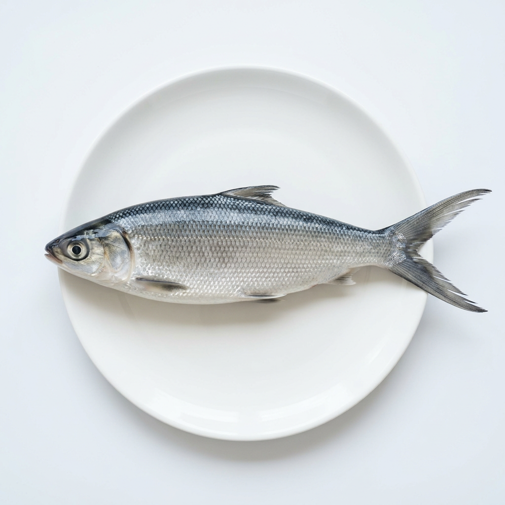 Hel mjölkfisk, Milk Fish, på vit tallrik. Illustrativ produktbild.