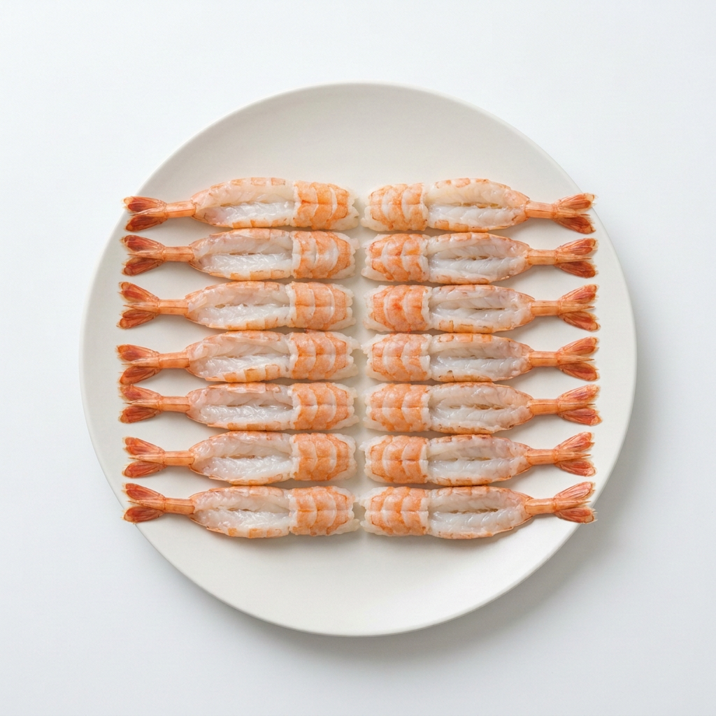 Huvudlösa EBI-räkor för sushitopping med stjärtar på vit tallrik, illustrativ produktbild.