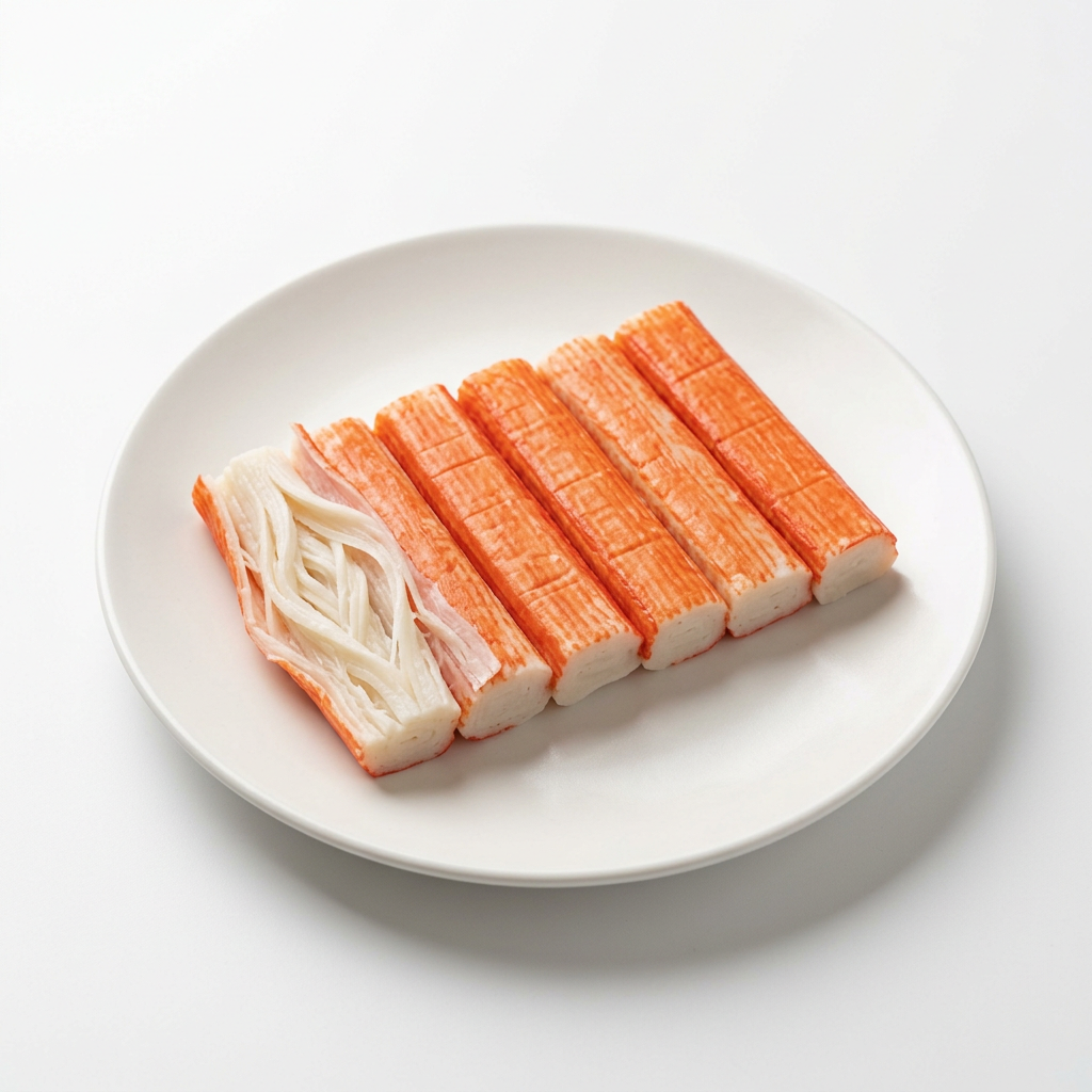 Krabbsticks på en vit tallrik mot vit bakgrund
