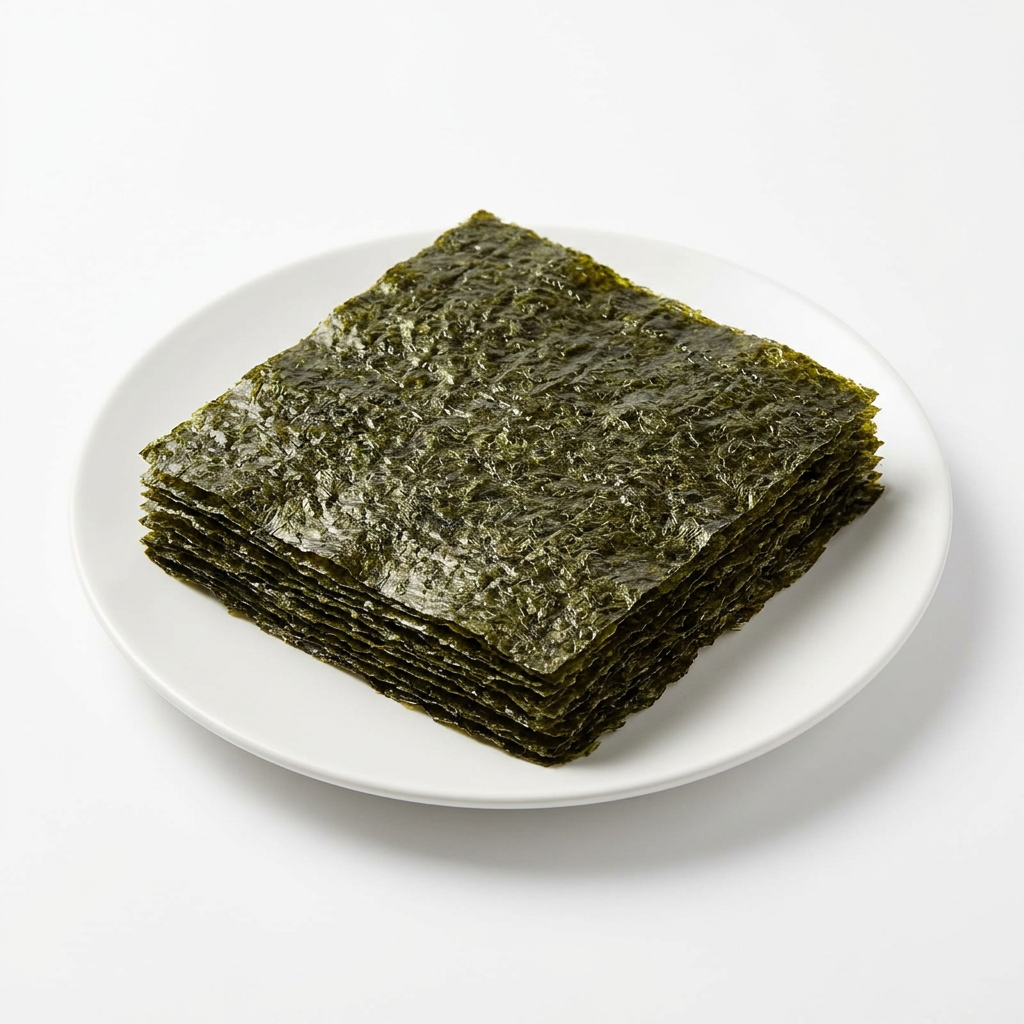 Noriark på en vit tallrik mot vit bakgrund