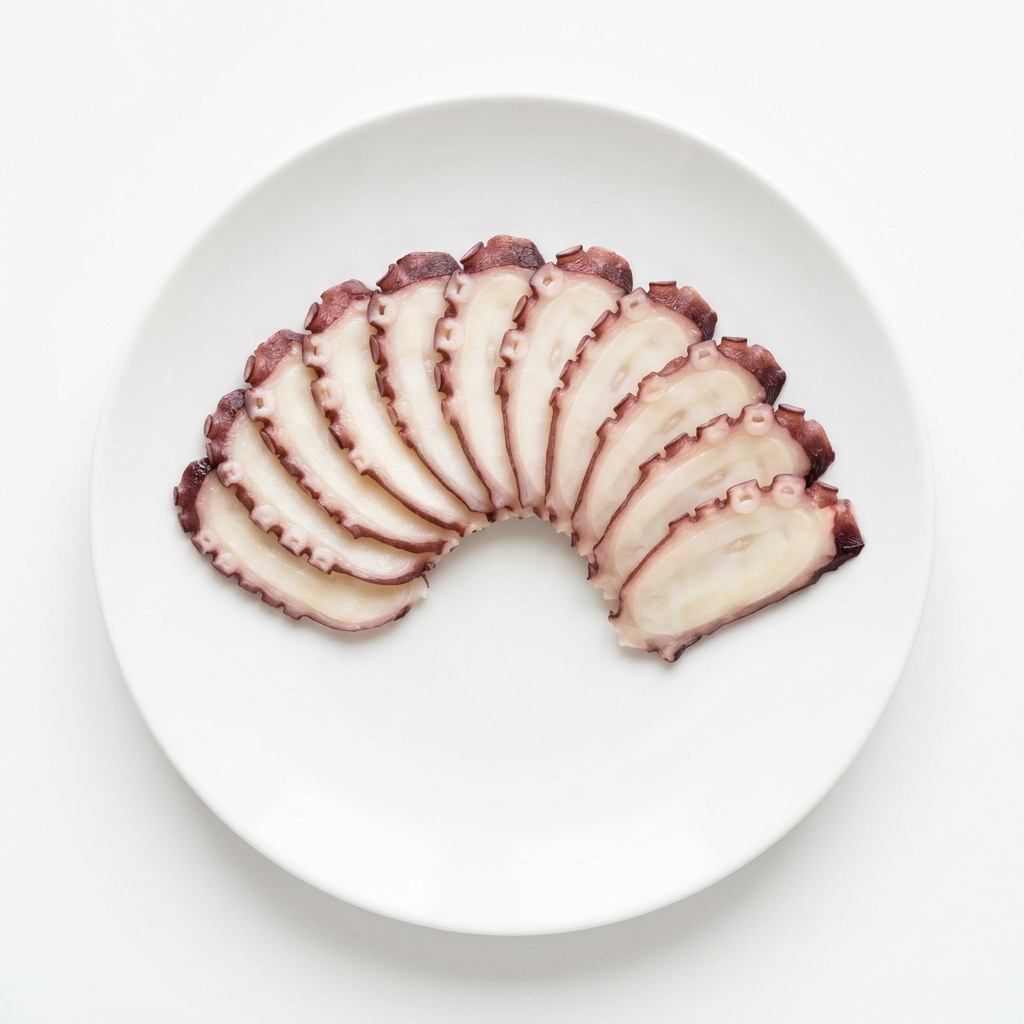 Illustrativ produktbild av bläckfisk Octopus/Tako för sushitopping på vit tallrik mot vit bakgrund
