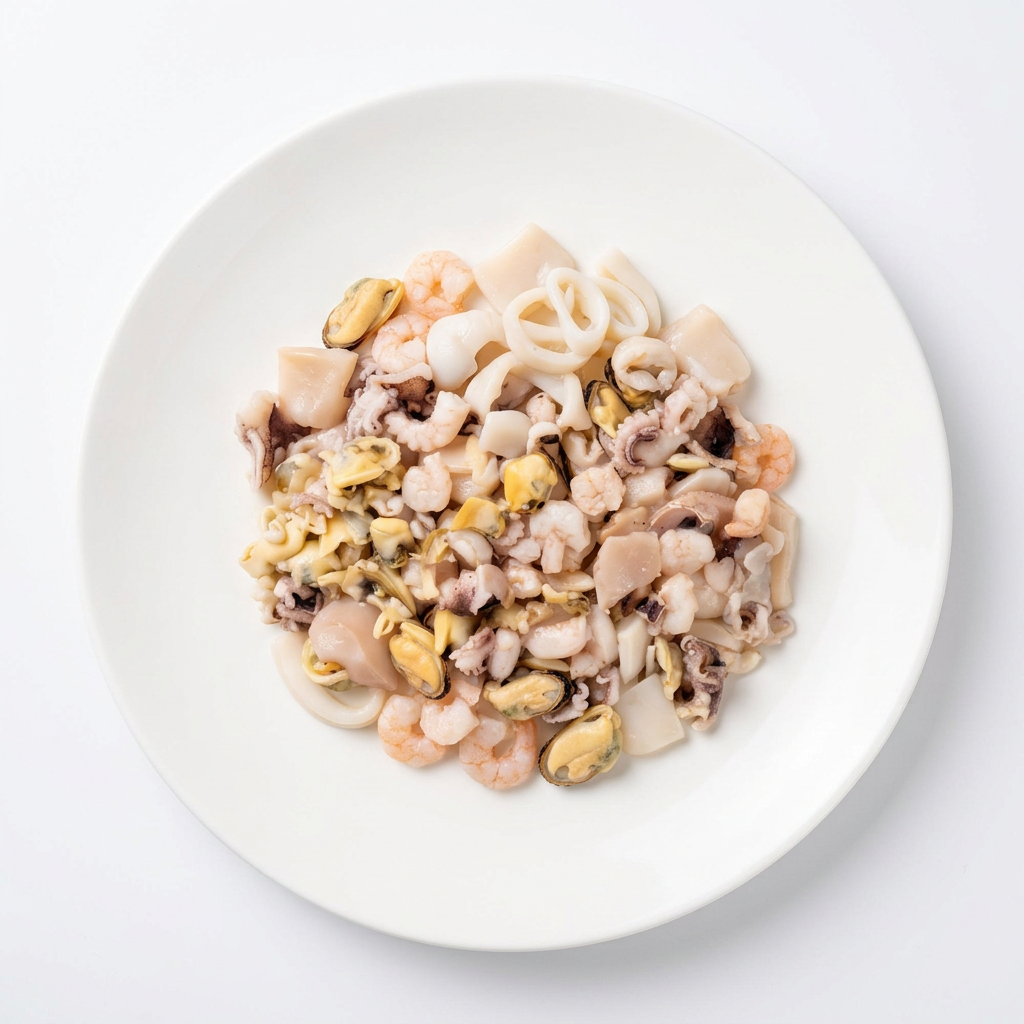 Seafood Mix på vit tallrik, illustrativ produktbild baserad på förpackningsfotot.
