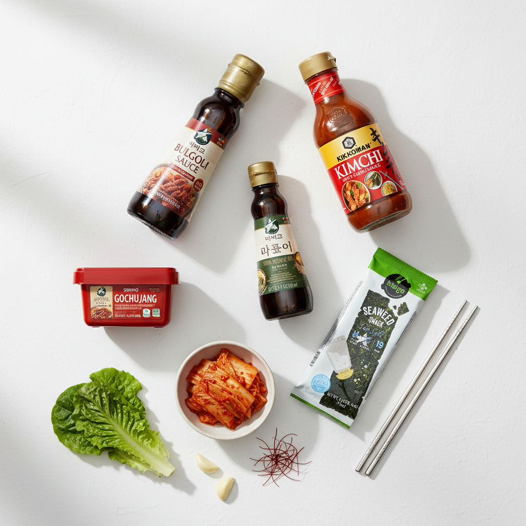 K-BBQ-paket med bulgogisås, gochujang, sesamolja och kimchisås