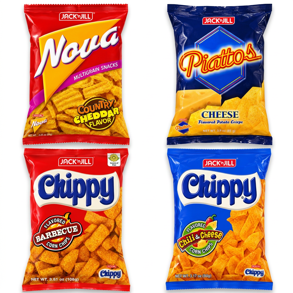 Jack & Jill mixpack med Nova, Piattos och två Chippy-sorter