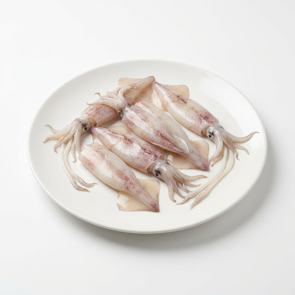 Tioarmad bläckfisk California, Loligo opalescens, på vit tallrik