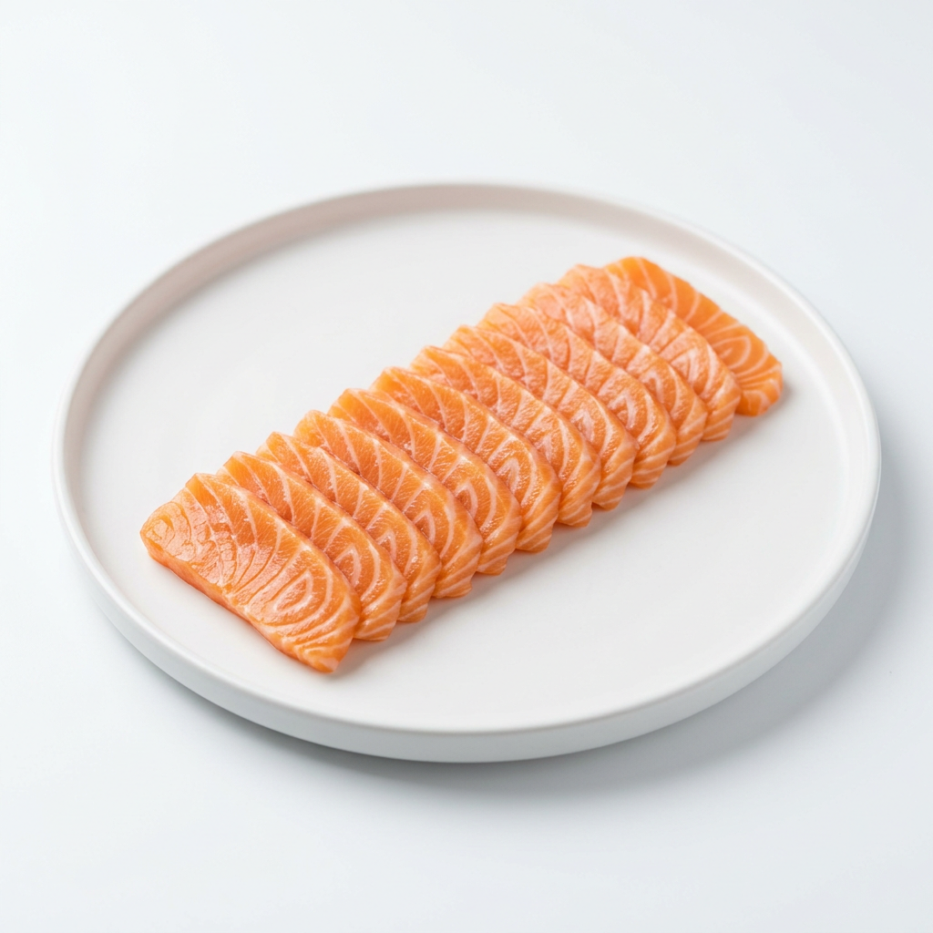 Illustrativ produktbild av skivad lax för sushitopping på vit tallrik mot vit bakgrund