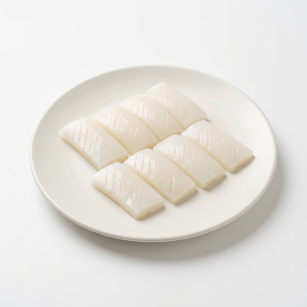 Illustrativ produktbild av bläckfisk för sushitopping på vit tallrik mot vit bakgrund