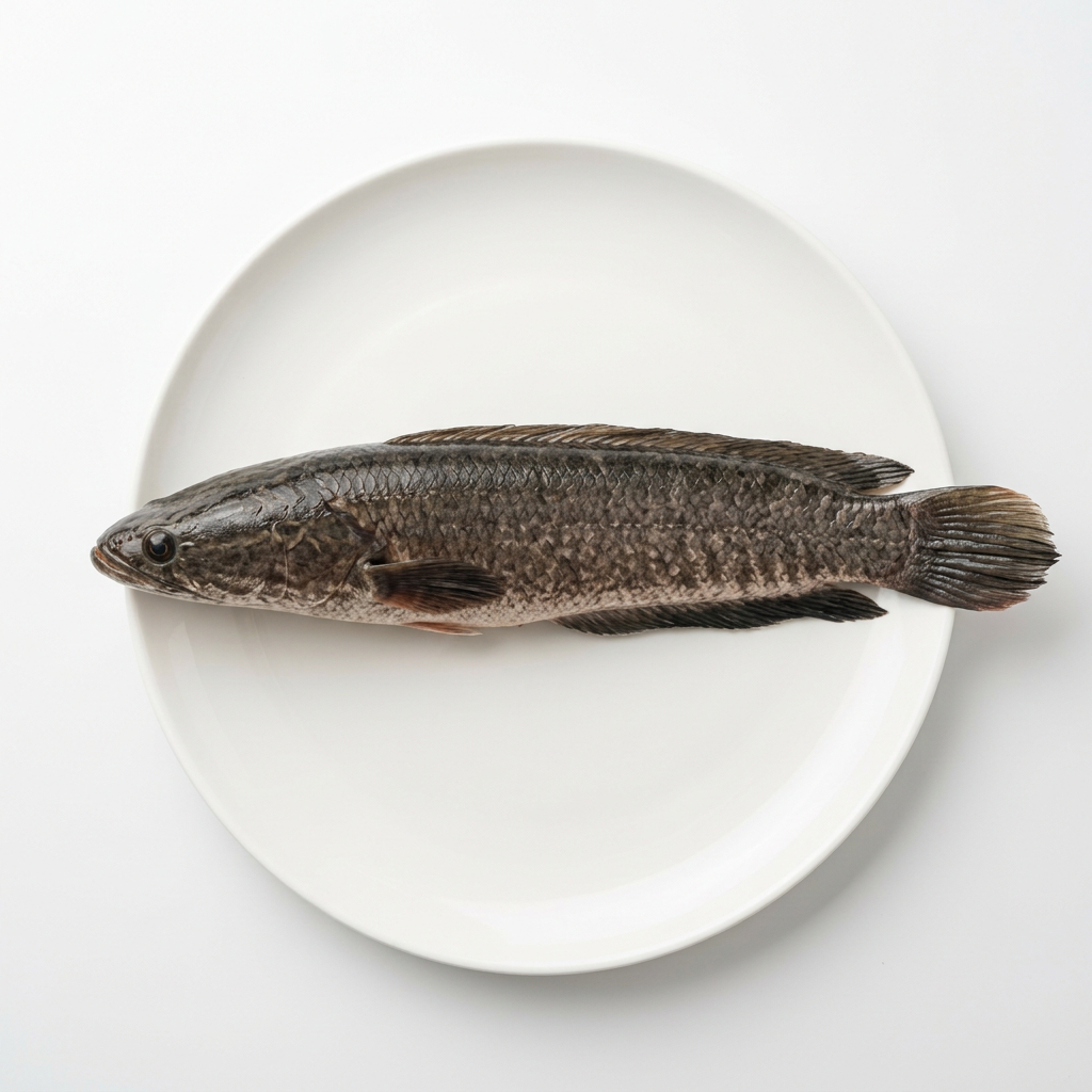 Hel Mud Fish Ca Loc på vit tallrik, illustrativ produktbild.