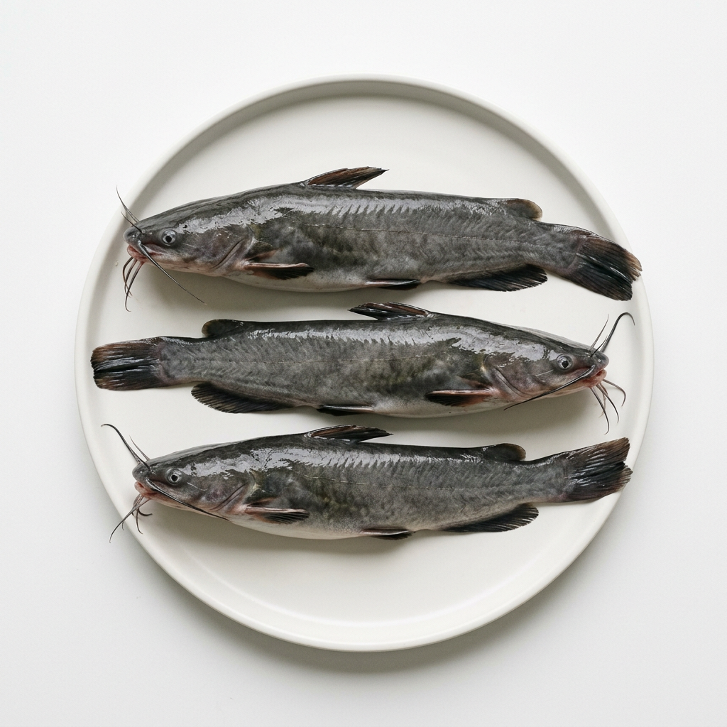 Tre hela catfish på vit tallrik, illustrativ produktbild.