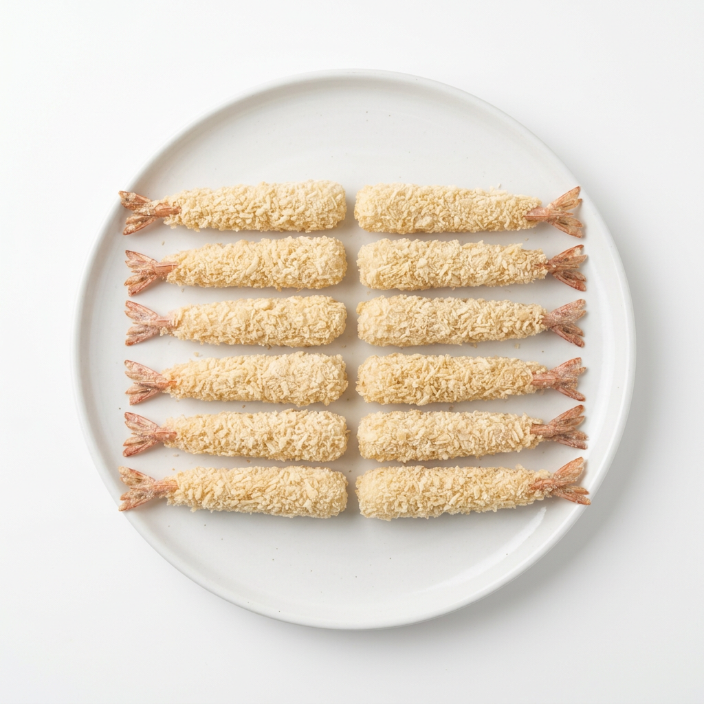 Panerade räkor Ebi Fry på vit tallrik, illustrativ produktbild.